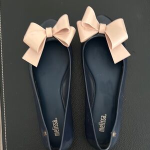Melissa Blue and Cream Flats with Elegant Bow
